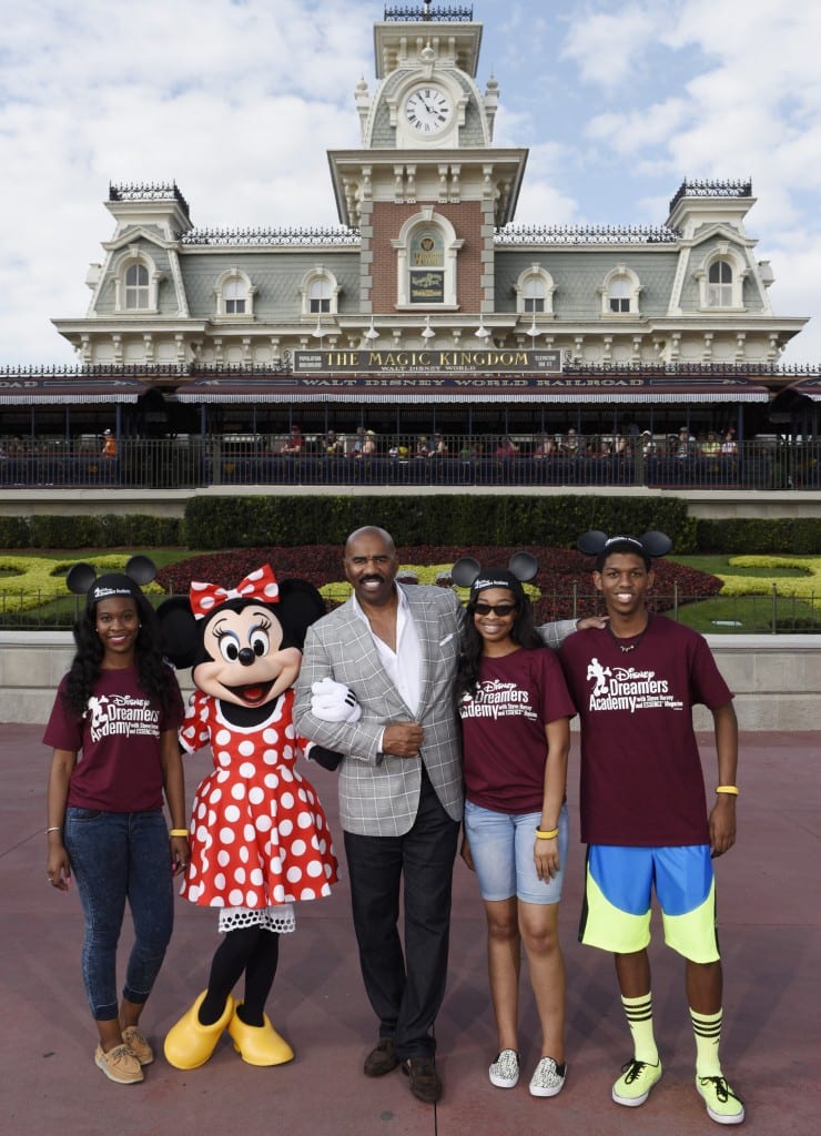 (L-R) Disney Dreamers Academy participants Danyscia Jarvis, of Riverview, Fla., Shanese Campbell of West Park, Fla., and Lionell Wright of Belle Isle, Fla. pose March 5, 2015 with Minnie Mouse and television personality Steve Harvey during Disney Dreamers Academy with Steve Harvey and Essence Magazine at Magic Kingdom in Lake Buena Vista, Fla. The eighth annual event, taking place March 5-8, 2015 at Walt Disney World Resort, is a career-inspiration program for 100 high school students from across the U.S. (Todd Anderson, photographer)