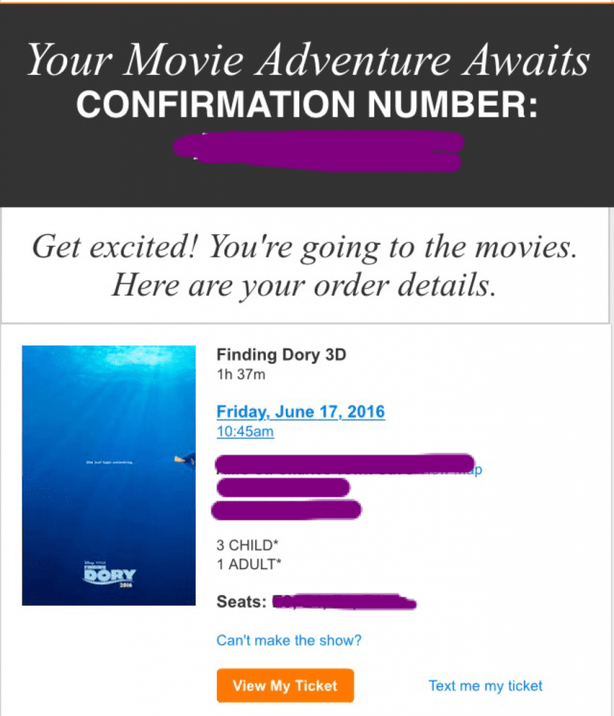 Finding Dory ticket confirmation