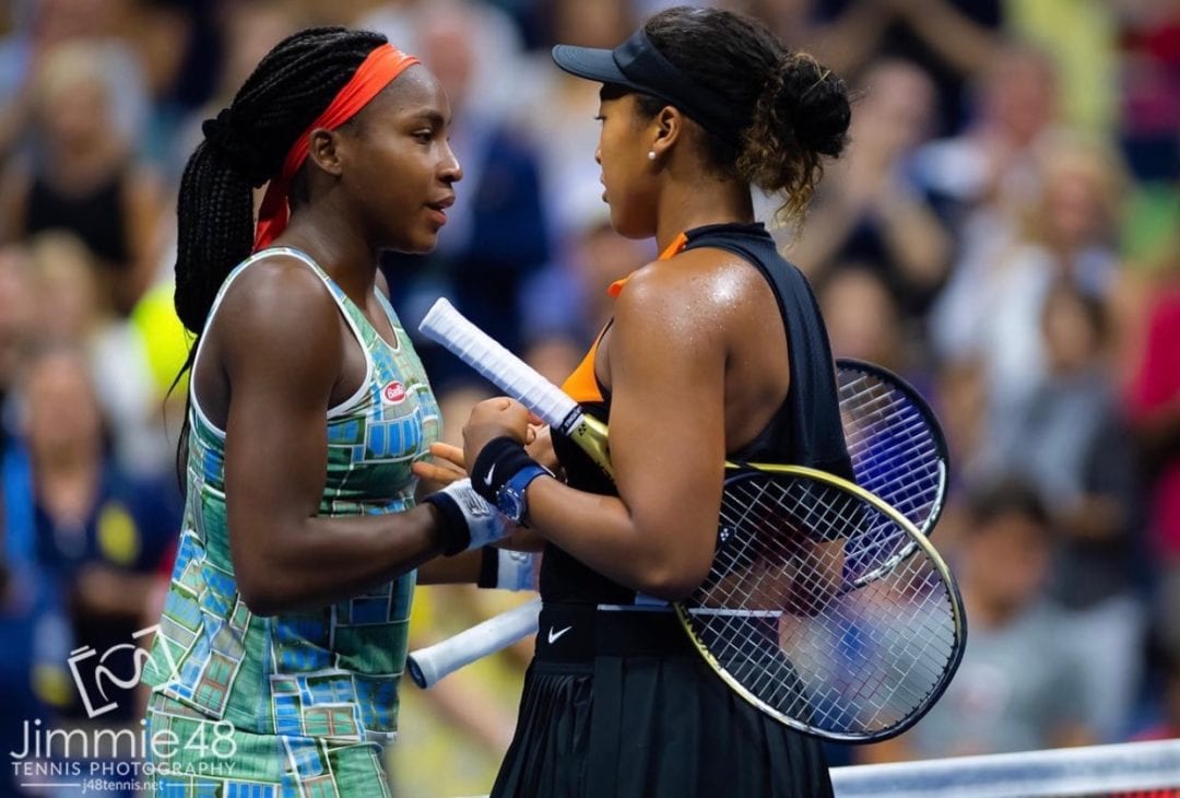 Naomi Osaka and Coco Gauff share a moment at the US Open; photo by Jimmie48