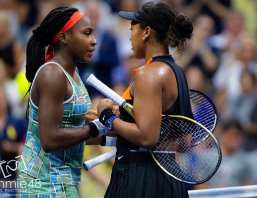 Naomi Osaka and Coco Gauff share a moment at the US Open; photo by Jimmie48
